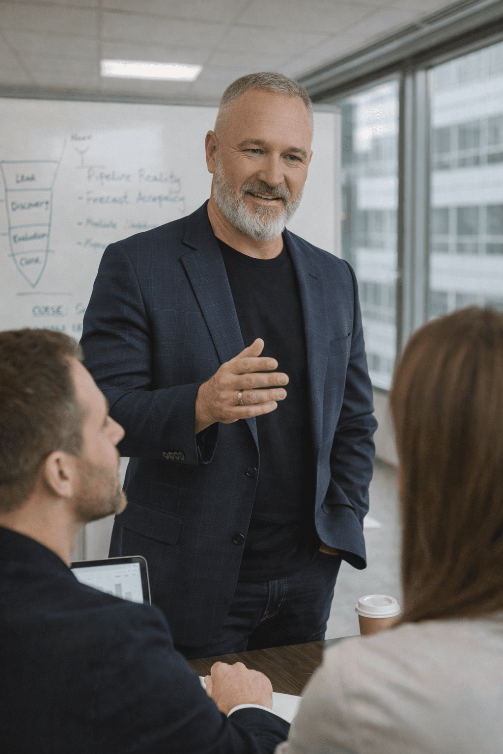Jim Seymour coaching a sales team in a modern office